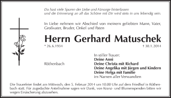 Traueranzeige von Gerhard Matuschek von Pegnitz-Zeitung
